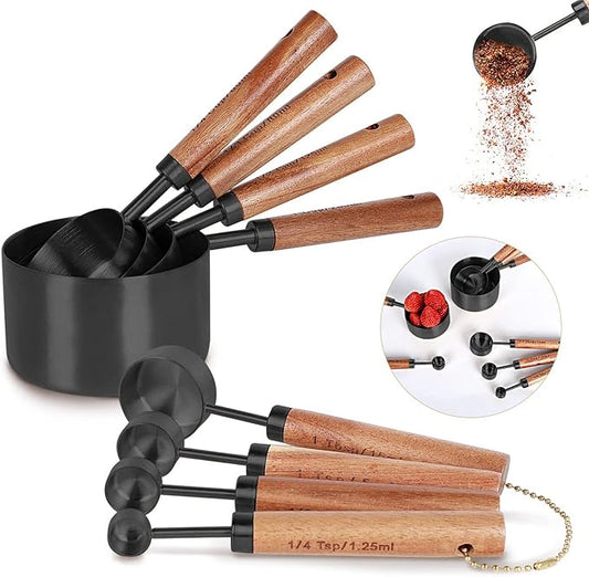 8-Piece Black Measuring Cups and Spoons Set, Stainless Steel Kitchen Measuring Set with Acacia Wood Handles for Baking and Cooking