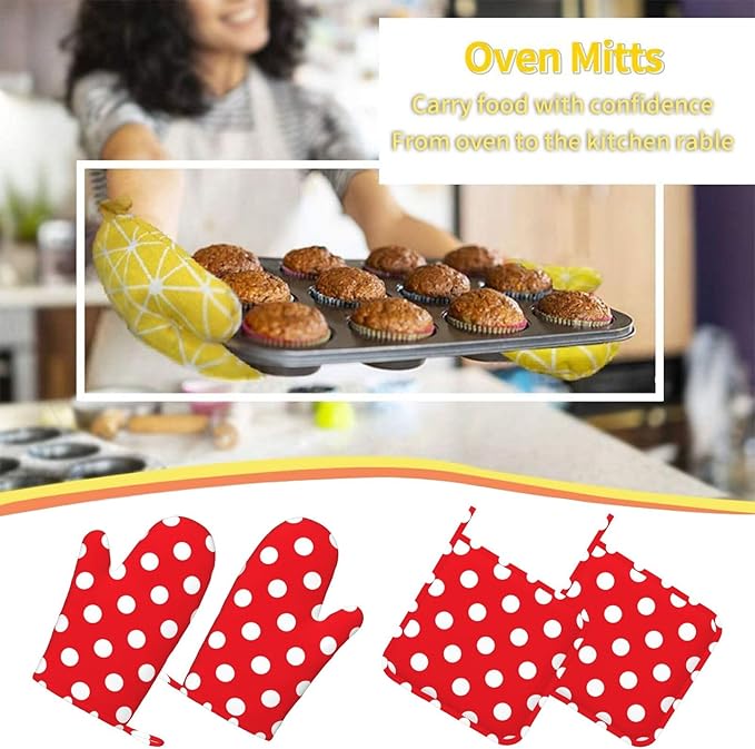 Red and White Polka Dot Oven Mitts and Pot Holders Sets of 4, Heat Resistant Silicone Oven Mittens and Potholders Gloves Hot Pads for Kitchen Cooking Baking Grilling BBQ Chef - Image 7