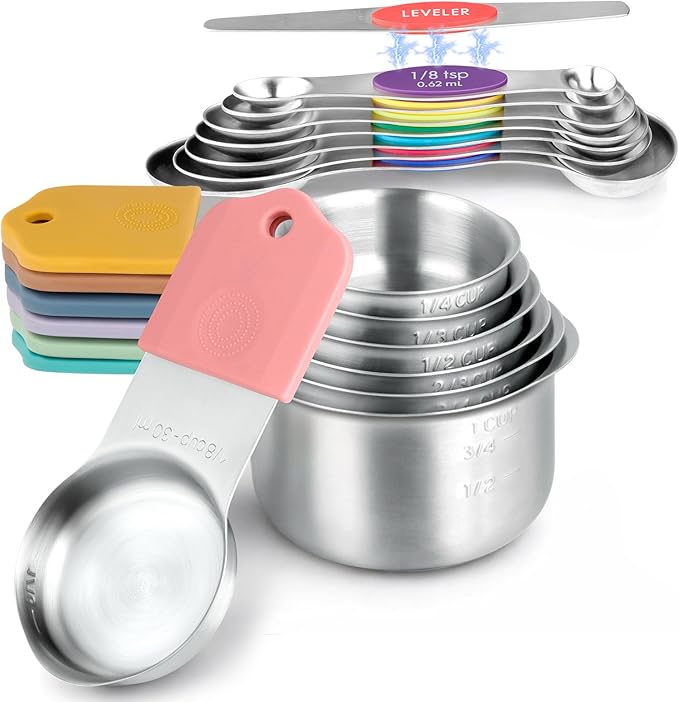 Magnetic Measuring Cups & Spoons Set, Strong N45 Magnets, Heavy Duty Stainless Steel Fits in Spice Jars for Baking & Cooking, BPA Free, Round Set of 15 with Leveler, Light Colorful by vfuni