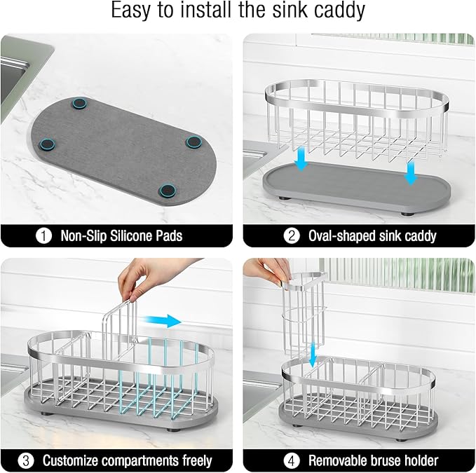 Sponge Holder for Kitchen Sink with High Brush Holder, [Stay-Dry Anywhere & No Drainage Needed] Rustproof Stainless Steel Kitchen Sink Caddy Organizer with Water Absorbing Stone Tray, Silver - Image 5