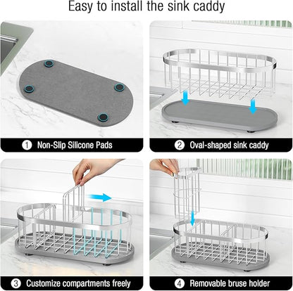 Sponge Holder for Kitchen Sink with High Brush Holder, [Stay-Dry Anywhere & No Drainage Needed] Rustproof Stainless Steel Kitchen Sink Caddy Organizer with Water Absorbing Stone Tray, Silver - Image 5