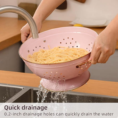 Metal Colander Set of 2, Strainer Basket with Handles 3.5 & 5 Qt Powder Coated Self-draining Solid Ring Base Metal Large Kitchen Colander Bowel for Pasta Vegetable Fruit (PINK) - Image 3