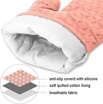 KEGOUU Oven Mitts and Pot Holders 6pcs Set, Kitchen Oven Glove High Heat Resistant 500 Degree Extra Long Oven Mitts and Potholder with Non-Slip Silicone Surface for Cooking (Pink) - Image 3