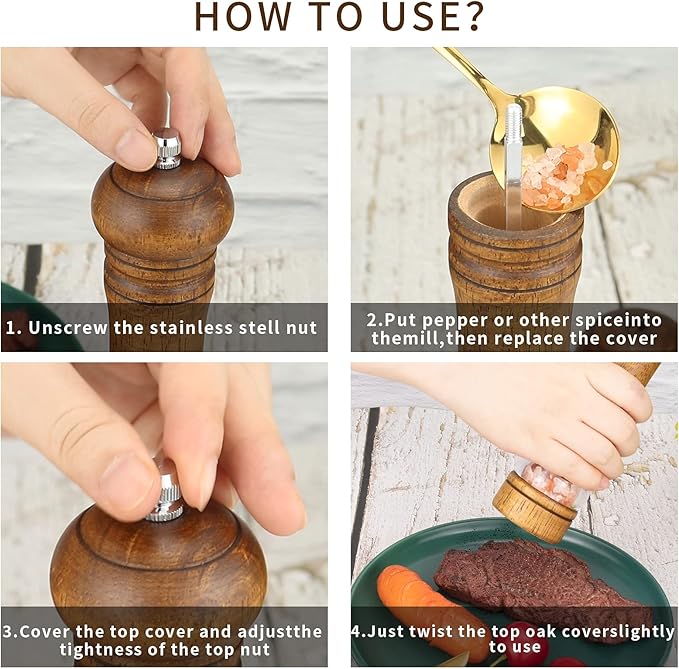 Haomacro Pepper Grinder, Wood Salt and Pepper Mills Set, Classic Manual Spice Grinder Refillable Salt Mill Sets with Acrylic Visible Window Adjustable Ceramic Grinding Rotor 8 inch 2 Pack - Image 5
