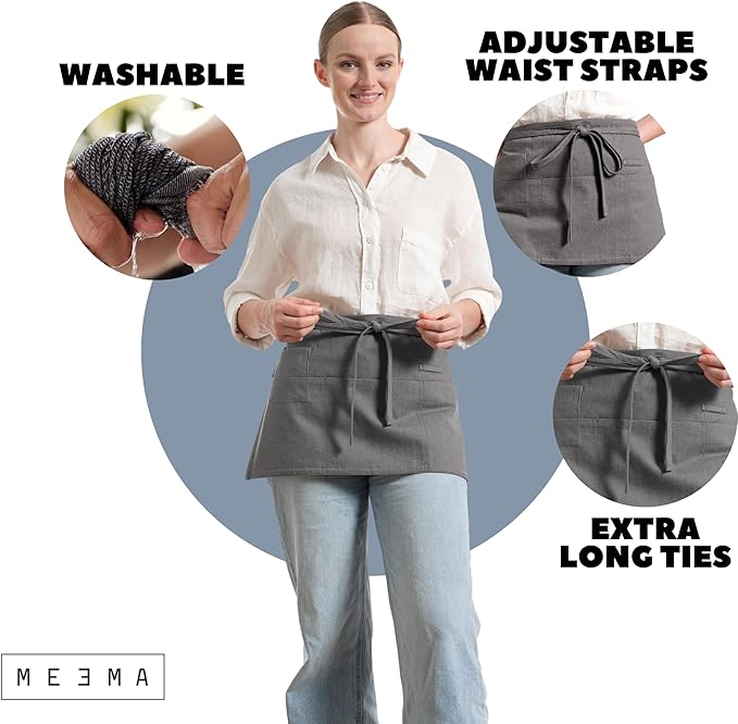 MEEMA Chef Waist Apron Cotton Fabric |Washable & Breathable Waitress & Server Half Aprons for Women with Pockets & Long Waist Straps | Cooking, Baking, Grilling & Crafting