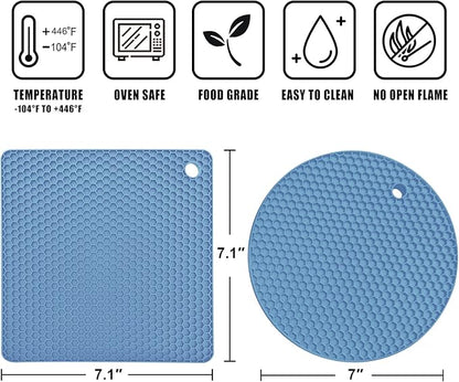 Walfos Silicone Trivet Mats - 4 Heat Resistant Pot Holders, Multipurpose Non-Slip Hot Pads for Kitchen Potholders, Hot Dishers, Jar Opener, Spoon Holder, Food Grade Silicone & BPA Free (Nordic Blue)