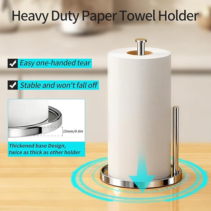 Paper Towel Holder Countertop, Standing Paper Roll Holder with Anti Slip Weighted Base, Stainless Steel Freestanding Paper Towel Holder for Kitchen, Chrome - Image 3
