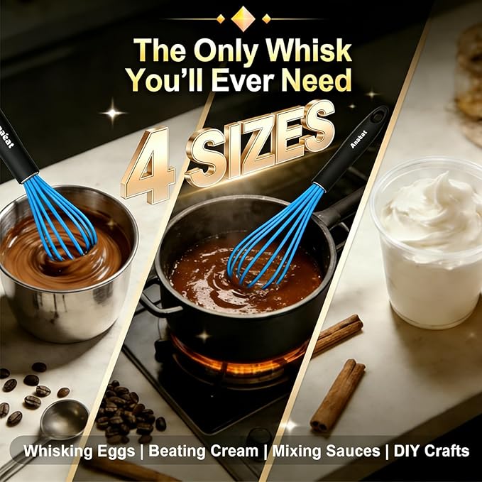 Anaeat Silicone Kitchen Whisk Set of 4, Perfect for Non-Stick Cookware, Milk and Egg Beater Blender for Whisking, Cooking, Baking, Beating - 11'' Flat Whisk and 9''+11''+12'' Balloon Whisks (Blue) - Image 8