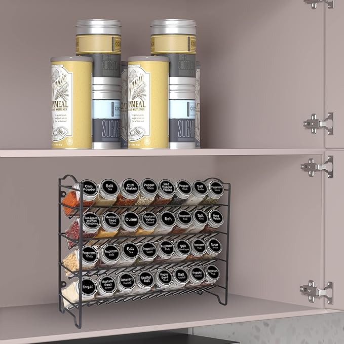SWOMMOLY Spice Rack Organizer with 32 Glass Spice Jars, 396 Spice Labels, Chalk Marker and Funnel Complete Set, for Cabinet, Countertop, Cupboard or Wall Mount, Black - Image 2