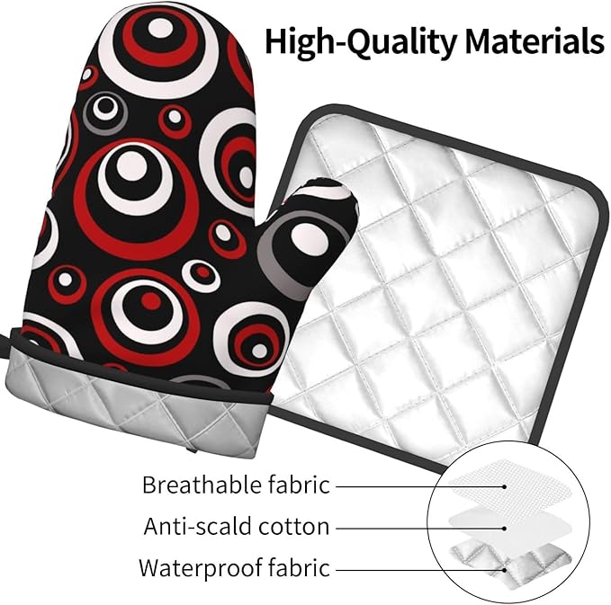 Retro Red Circles Oven Mitt and Pot Holder Set (3-Piece) - Heat Resistant Non-Slip Modern Geometric Gloves Gift for Chef Cooking Baking Grilling BBQ Lovers, Stylish Kitchen Decor, Red White Black Grey - Image 8