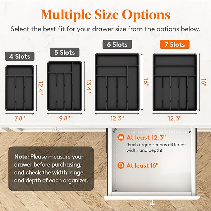 Lifewit Silverware Drawer Organizer Tray, Plastic Cutlery Storage for Kitchen, Flatware and Utensil Holder Divider for Spoons Forks Knives Tableware, 12.3 x 16", 7 Slots, Black - Image 2