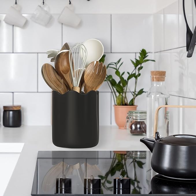 Ceramic Utensil Holder for Kitchen Counter, 6.2" Kitchen Utensil Holder with Cork Bottom for Countertop, Modern Scalloped Cooking Tool Organizer for Spatula, Matte Black - Image 2