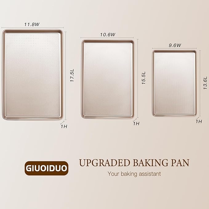 Baking Sheet Set of 3, Nonstick Heavy Duty Cookie Sheets for Oven - 13.6"×9.6"/15.5"×10.6"/17.5"×11.8" Warp-Resistant Carbon Steel Bakeware Trays, Champagne Gold, Dishwasher & Oven Safe - Image 2
