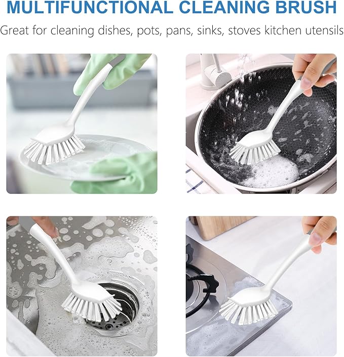 SetSail Dish Brush with Handle, 3 Pack Stiff Bristles Dish Scrubber with Built-in Scraper Dish Scrub Brushes for Cleaning Dishes, Pots and Pans, Kitchen Sink, 3 Pack, Grey White - Image 6