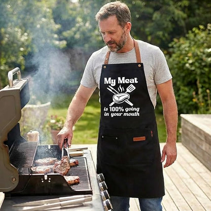 My Meat is 100% Going in Your Mouth Sign Apron with Pockets, Funny Cooking Baking Barbecue Apron Adjustable, Oilproof Ideal Kitchen Supplies, Gifts for Boyfriend Husband Wife