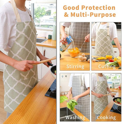 Tosewever 2 Pieces Cotton Linen Waterproof Bib Kitchen Apron with Pockets - Long Ties Adjustable Neck Strap - Unisex BBQ Cooking Drawing Crafting Aprons for Women Chef (Grey/Green, 2)