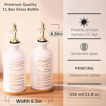 HOMCDALY Premium Olive Oil Dispenser for Kitchen, 11.8oz Glass Oil Bottles with Bamboo Tray, White and Gold Oil&Vinegar Cruet Set, Kitchen Dispenser Bottles with Pourer| Set of 2 (11.8oz –P–Gold) - Image 4