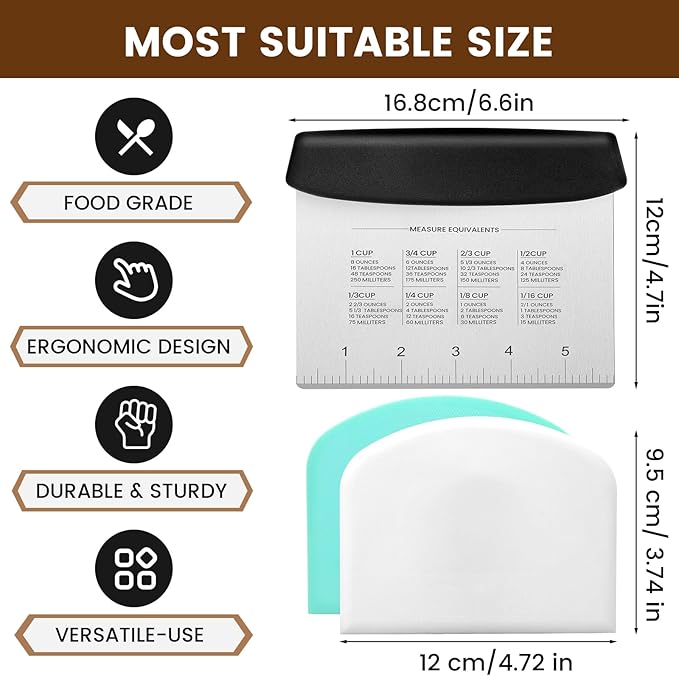 SCHVUBENR Dough Scraper Set with 2 Flexible Bowl Scrapers - Stainless Steel Dough Cutter & Bench Scraper with Measuring Scale - Versatile Kitchen Scraper for Bread, Pastry, Pizza, Cake - Black & Blue - Image 4