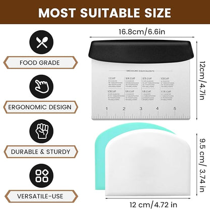 SCHVUBENR Dough Scraper Set with 2 Flexible Bowl Scrapers - Stainless Steel Dough Cutter & Bench Scraper with Measuring Scale - Versatile Kitchen Scraper for Bread, Pastry, Pizza, Cake - Black & Blue - Image 4