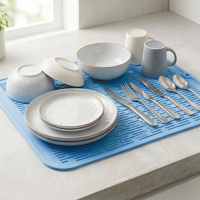 MicoYang Silicone Dish Drying Mat for Multiple Usage,Easy clean,Eco-friendly,Heat-resistant Silicone Mat for Kitchen Counter or Sink,Refrigerator or Drawer Liner Light Blue XL 18 inches x 16 inches - Image 6