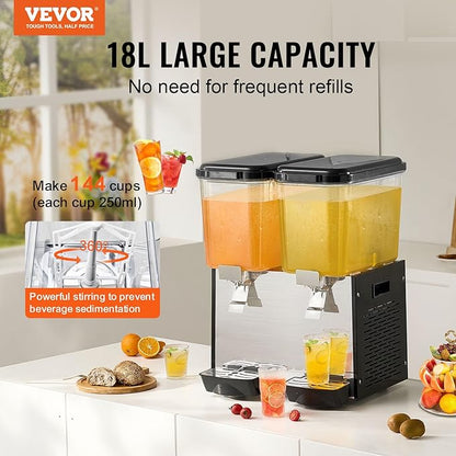 VEVOR Commercial Beverage Dispenser, 2 Tanks 18 L / 19 QT Per Tank Juice Dispenser, 370W Stainless Steel Ice Tea Drink Machine with 45°F-54°F Cooling Temperature, for Cold Drink Restaurant Bar Party - Image 2