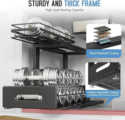 Under Sink Organizer Upgrade To Professional Rails,2-Tier Dual Pull Out Cabinet Storage,Height Adjustable Slide Out Drawers For Bathroom Kitchen,2 Pack-16.7"Dx12.8"-16.9"H,Black - Image 4