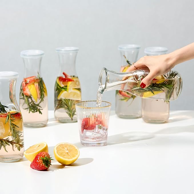 Glass Carafe Pitchers, by Kook, Mini Carafes- set of 6, Beverage Dispensers, Clear Jugs For Mimosas, Water, Wine, Milk and Juice, with Plastic Lids, Dishwasher Safe 17.3 oz - Image 2