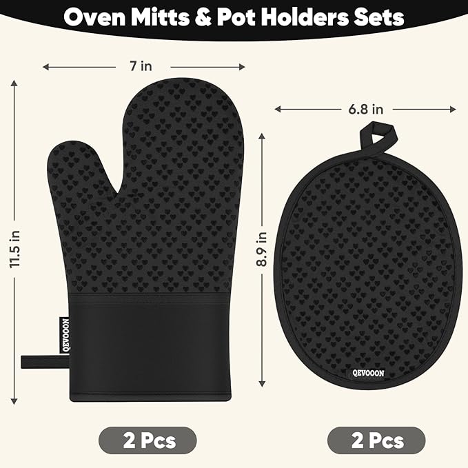 Oven Mitts and Pot Holders 4 Sets, Heat Resistant 500 ℉ Oven Mitt and Pot Holder,Oven Glove&Potholders with Non-Slip Silicone Surface,Kitchen Essentials for Cooking/Baking/BBQ-Black - Image 2