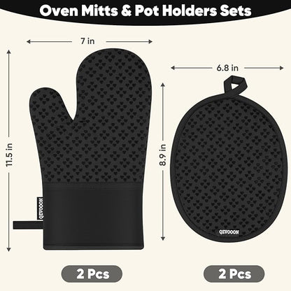Oven Mitts and Pot Holders 4 Sets, Heat Resistant 500 ℉ Oven Mitt and Pot Holder,Oven Glove&Potholders with Non-Slip Silicone Surface,Kitchen Essentials for Cooking/Baking/BBQ-Black - Image 2