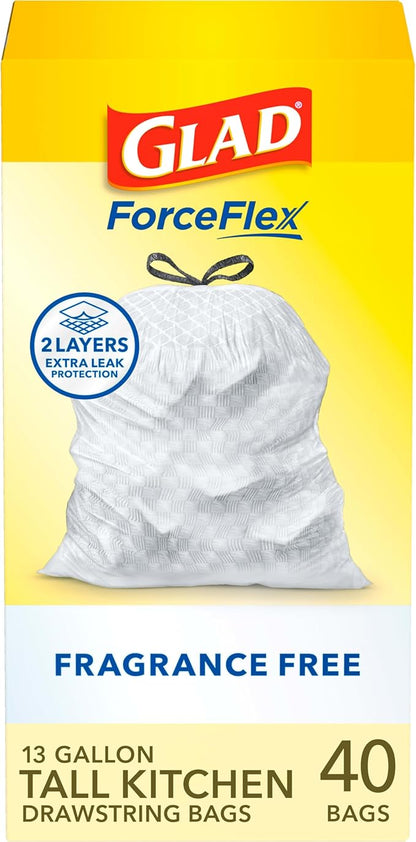 Glad ForceFlex Tall Kitchen Drawstring Trash Bags, 13 Gal, Fragrance Free, 40 Ct (Package May Vary) by GladTrashFoodStorage