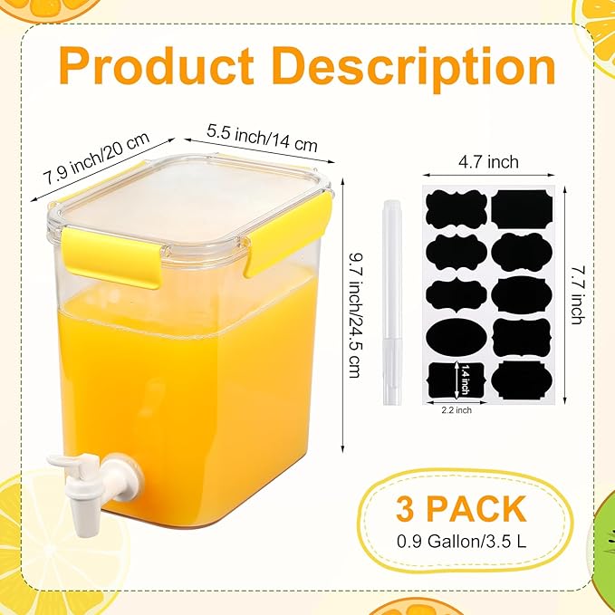 Mumufy 3 Set Plastic Drink Dispensers for Parties Beverage Dispenser for Fridge with Spigot Iced Juice Lemonade Container with Labels and Pens Summer Party Supplies(0.92 Gallon,Yellow) - Image 2