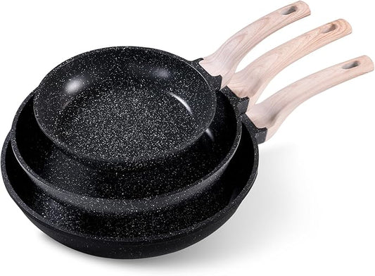 CAROTE Non Stick Frying Pan Skillet Set, Omelet Pan, Healthy Non Toxic Granite Chef Pan, Induction Compatible Egg Frying Pan with Heat-Resistant Handle, PFOA-Free,Black, 8"+10"+12" by CAROTE