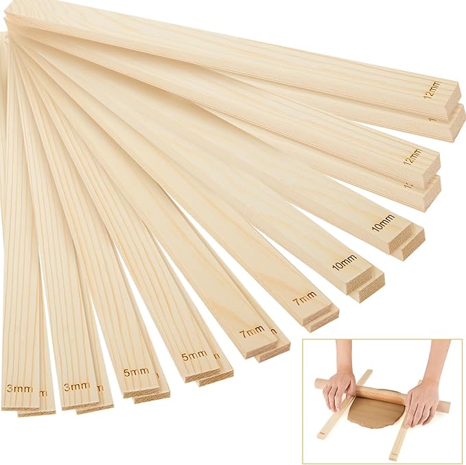 Sasylvia 20 Pcs Pottery Rolling Pin Guides Wood Teaching Rolling Mud Stick Guide Set Polymer Clay Depth Guide Pottery Tools Clay Mudboard Tools (5 Size,Wood Color) by Sasylvia