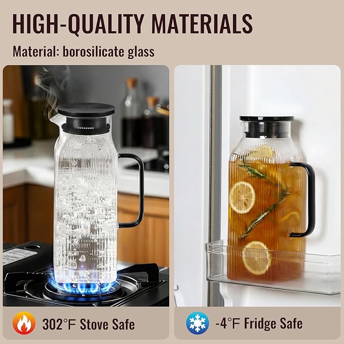 2 Pack 2 Liter/68 oz Square Glass Pitcher with Lid, Classic Stripes Water Pitchers with Handle for Fridge, Large Jug for Iced Tea, Coffee, Borosilicate Glass Carafe for Hot/Cold Brew Drink, Black - Image 4