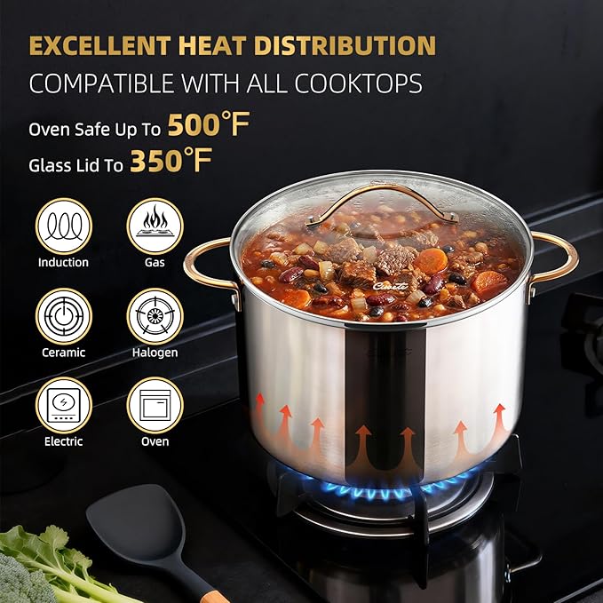 Ciwete 12 Quart Stock Pot with Lid, Upgraded Tri-Ply Stainless Steel Pot, Seamless Large Cooking Pot with Stay-Cool Brass Handle, Healthy Polished Stockpots, Induction Cookware, Oven & Dishwasher Safe - Image 3