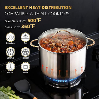 Ciwete 12 Quart Stock Pot with Lid, Upgraded Tri-Ply Stainless Steel Pot, Seamless Large Cooking Pot with Stay-Cool Brass Handle, Healthy Polished Stockpots, Induction Cookware, Oven & Dishwasher Safe - Image 3