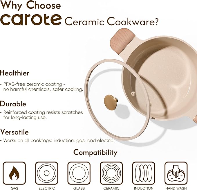 CAROTE 5 Qt Nonstick Stock Pot with Lid Soup Pot, Ceramic 5 Quart Casserole with Lid, Easy to Clean Non Stick Cooking Pot Cookware PFOA Free, Ceramic Oatmeal - Image 5