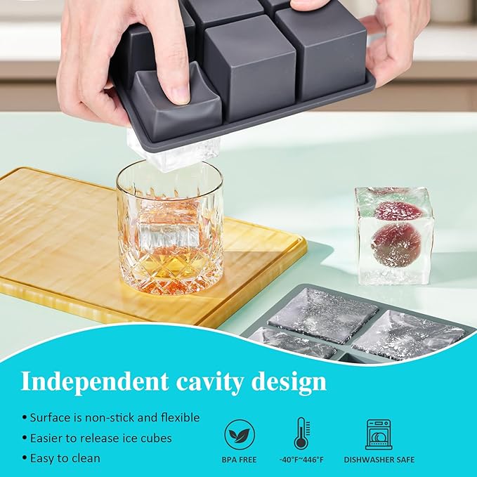 Large Ice Cube Tray for Whiskey: 2inch Big Silicone Ice Trays with Lid for Whisky - 3Pack Old Fashioned Ice Cube Trays for Cocktail - Huge Square Cubed Bourbon Ice Cube Maker - Image 2
