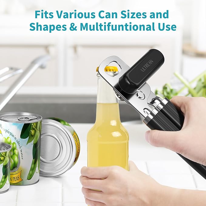 Ultrean Manual Can Opener Bottle Opener, Heavy Duty Stainless Steel Smooth Edge Manual Hand Held Can Opener With Soft Touch Handle, Rust Proof Oversized Handheld Easy Turn Knob (Black) - Image 5