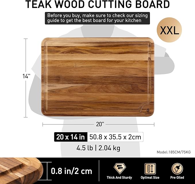 Extra Large Teak Wood Cutting Board 20inch for Kitchen Non Slip Feet Over Sink Butcher Block Chopping Board Nice Solid Thick Wooden Juice Groove Big Xl XXl large Best Hardwood Kitchen Counter Organic - Image 2