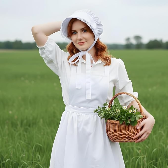 Tucnoeu 2pcs White Mob Cap Half Apron Halloween Colonial Costume Set Women Pilgrim Costume Accessories for Maid Girl Cosplay