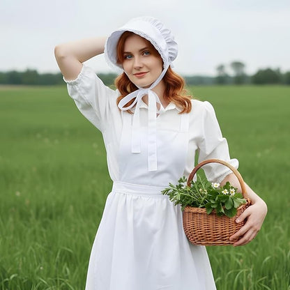 Tucnoeu 2pcs White Mob Cap Half Apron Halloween Colonial Costume Set Women Pilgrim Costume Accessories for Maid Girl Cosplay