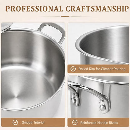 WANGYUANJI 7.3 QT Stainless Steel Stock Pot with Glass Lid, 11 Inch 18/10 Soup Pot with Tri-Ply Bonded Base, Induction & Oven Safe Large Cooking Pot for Pasta, Stew & Seafood Boil