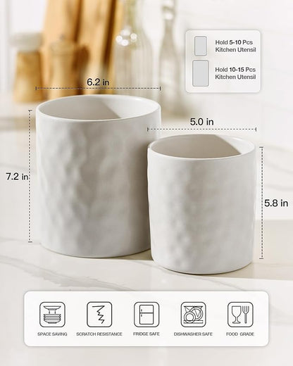 famiware Ocean Utensil Holder, 7.2"+5.8" Ceramic Kitchen Utensil Holder for Countertop, Cooking Utensil Crocks, Utensil Organizer for Spatula & Spoon, Kitchen Decor, Set of 2, Matte White - Image 4