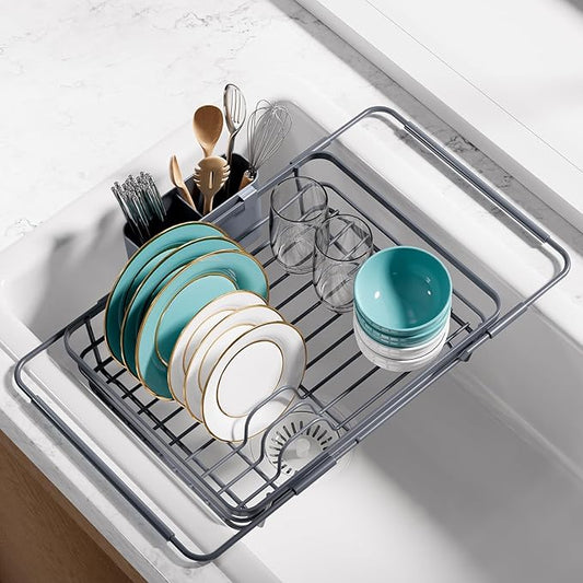 Sakugi Extendable Dish Drying Rack Over Sink with Dish Drainer, Sink Organization and Storage Essentials with Silverware & Utensil Holder, Home and Apartment Decor, 12" W x 16.1~23" L, Silver by Sakugi