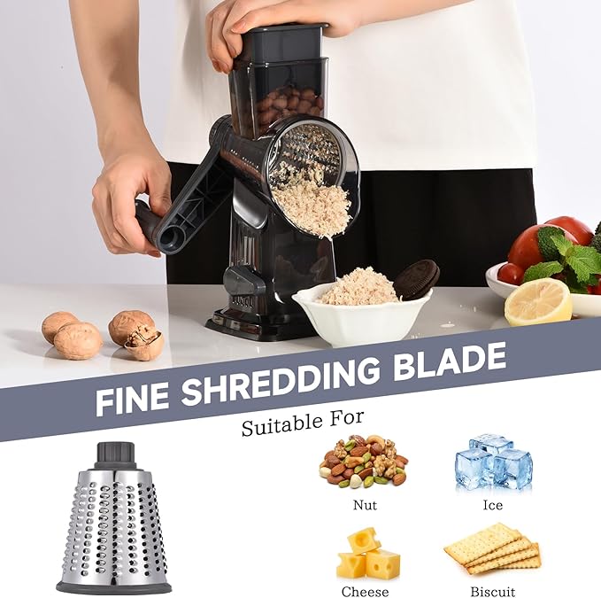 Rotary Cheese Grater with Handle Kitchen Shredder Slicer Grater Slicer Ice Shaver Cheese Vegetable Nuts Potato Zucchini Chocolate 3 Interchangeable Blades (Dark Grey TSP) - Image 5