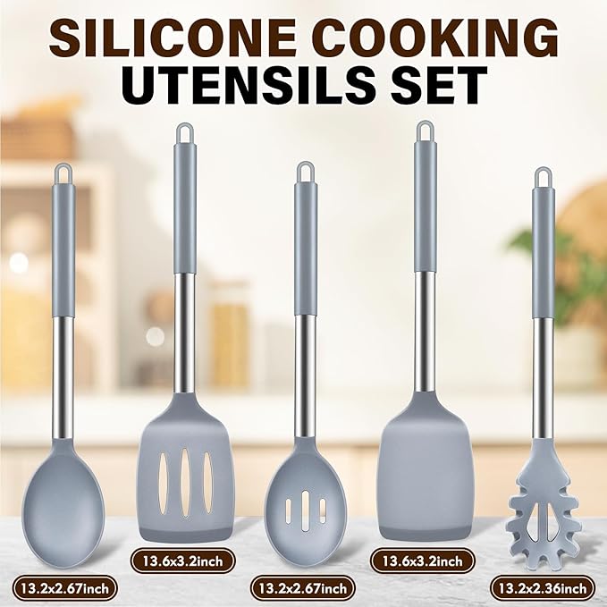 5Pcs Silicone Cooking Utensils Set, Heat Resistant Kitchen Tools Include Solid&Slotted Spatula, Cooking Spoon and Pasta Server, Silicone Kitchen Utensils set for Nonstick Cookware Flipping, Gray - Image 2