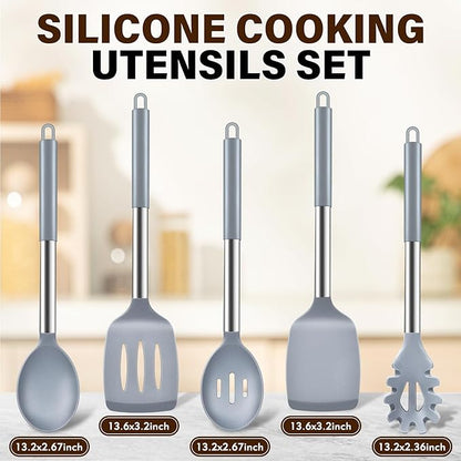 5Pcs Silicone Cooking Utensils Set, Heat Resistant Kitchen Tools Include Solid&Slotted Spatula, Cooking Spoon and Pasta Server, Silicone Kitchen Utensils set for Nonstick Cookware Flipping, Gray - Image 2