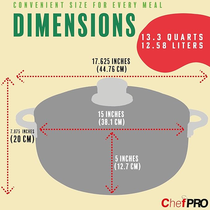 ALUMINUM CALDERO STOCK POT by Chef PRO, Superior Cooking Performance for Even Heat Distribution, Perfect For Serving Large & Small Groups, Riveted Handles, Commercial Grade (13.3 Quart)