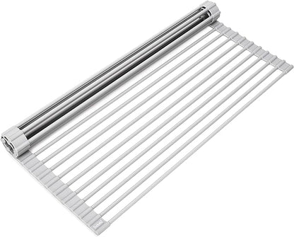 Surpahs 20.5 x 15.5 Inch Roll-Up Dish Drying Rack, Fits Across Sink Openings up to 19.5 Inches, Heavy-Duty Premium Silicone, Strong Support, Non-Slip, Heat-Resistant, Warm Gray by Surpahs